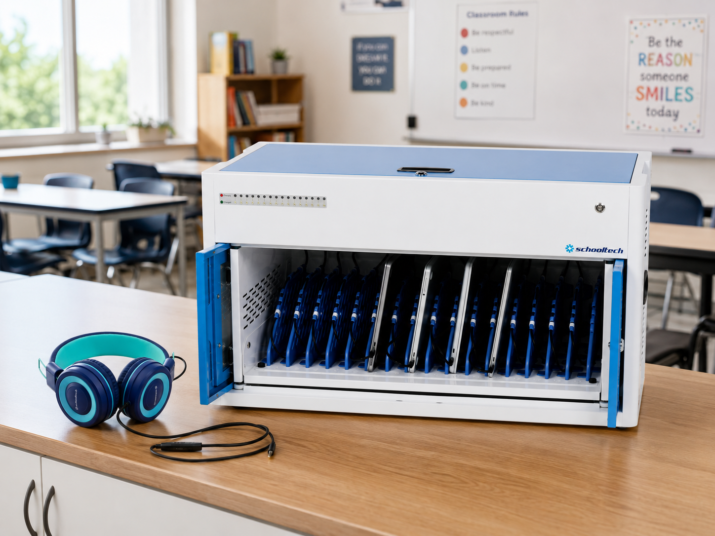 SchoolTech charging cabinet with devices and headphones in an Australian classroom
